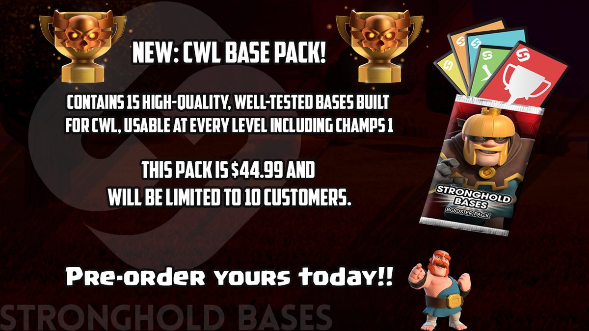I'm happy to announce SH will be doing a CWL base pack for August! Limited to 10 customers, pre-order yours today!

discord.gg/DmPUqwkwXN