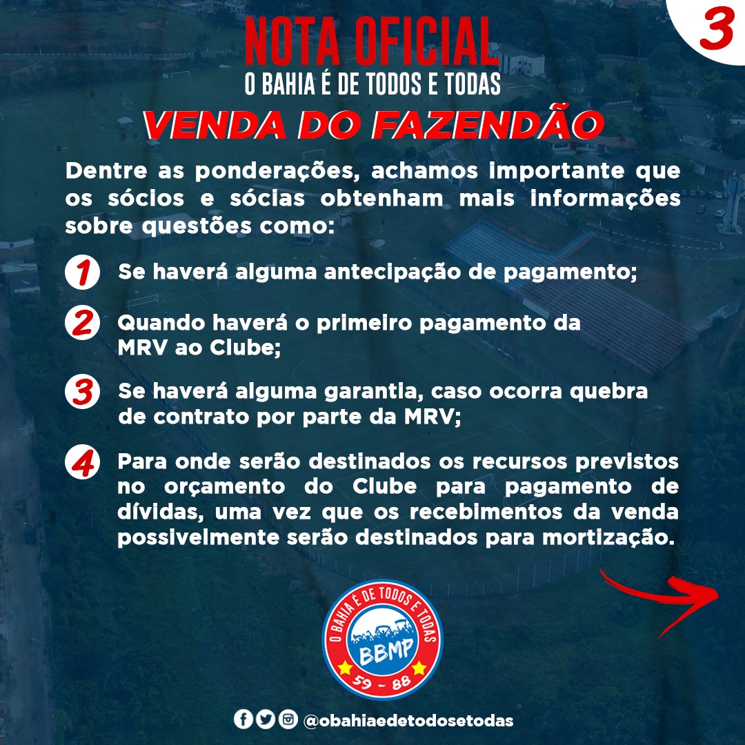 oBahiaedeTodos's tweet photo. NOTA OFICIAL:
O BAHIA É DE TODOS E TODAS!
SOBRE A VENDA DO FAZENDÃO:
#oBahiaédeTodoseTodas https://t.co/Ju9MxxcH48