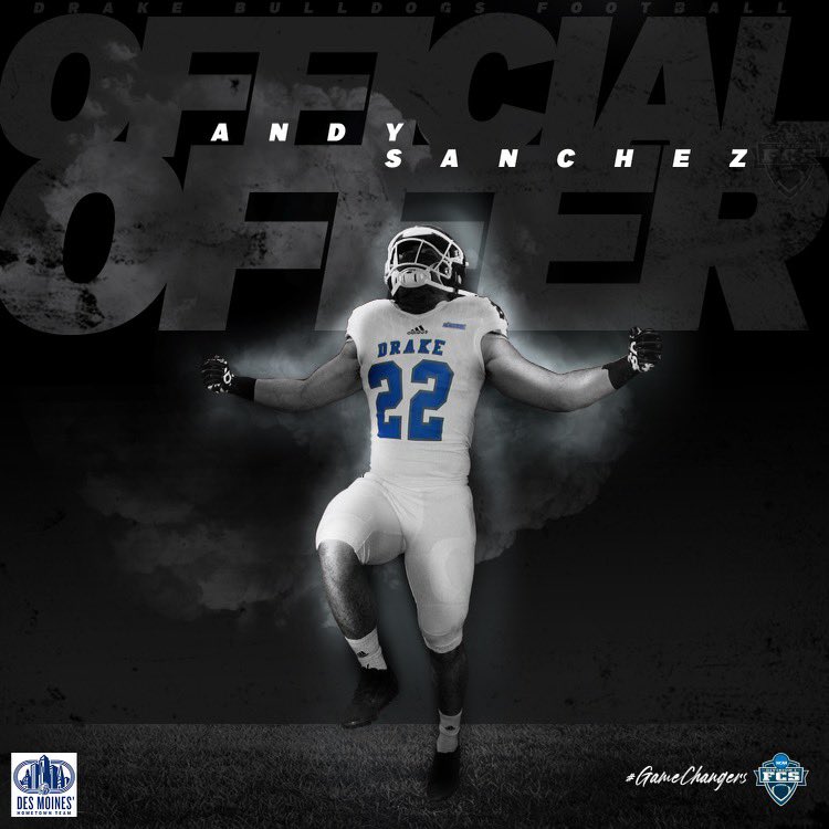 Andy70Sanchez's tweet photo. After an amazing conversation with Coach Cash and Coach Flynn, I am blessed to receive my First Division 1 offer to Drake University to further pursue my academic and athletic career! #GameChangers @DrakeBulldogsFB 
@WillieCashmore @coachsflynn @tstepsis @MtRidgeFootball https://t.co/B088bElzOV