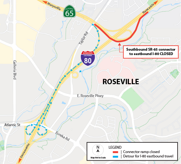 Detour map for the closure of the southbound SR-65 connector to eastbound I-80: Motorists are advised to take westbound I-80 to the Eureka Road/Taylor Road off-ramp and connect to eastbound I-80 via the Eureka Road on-ramp. 