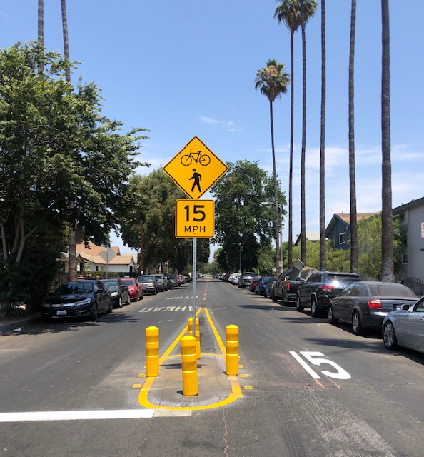 LADOT installed Slow Streets throughout Los Angeles to calm traffic on residential streets so Angelenos could enjoy time outdoors during the pandemic. 