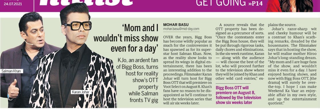 mrkhbri's tweet photo. “Once contestants enter the BB house, they will be put through tasks,daily chores&amp;eliminations. In 6week runtime,@karanjohar—audience–will choose best of the lot,who will proceed further to TV show where they will be joined by @BeingSalmanKhan &amp; wild card ent” #BiggBossOTT https://t.co/xs3dtKOX7H