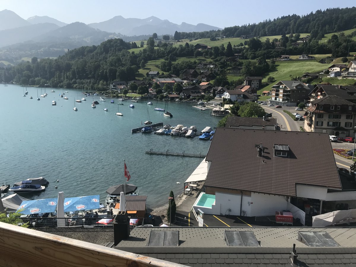 DonClemons31's tweet photo. My pal Ruedi took me on a walk around Faulensee, Switzerland this morning with his friend Ulrich.  Two smart guys talking to a broken down football coach.  Go figure,  What a great way to start a beautiful day.  People pay to go to Switzerland-me I am a guest!  Hah, what a life! https://t.co/OVfSheKbFP