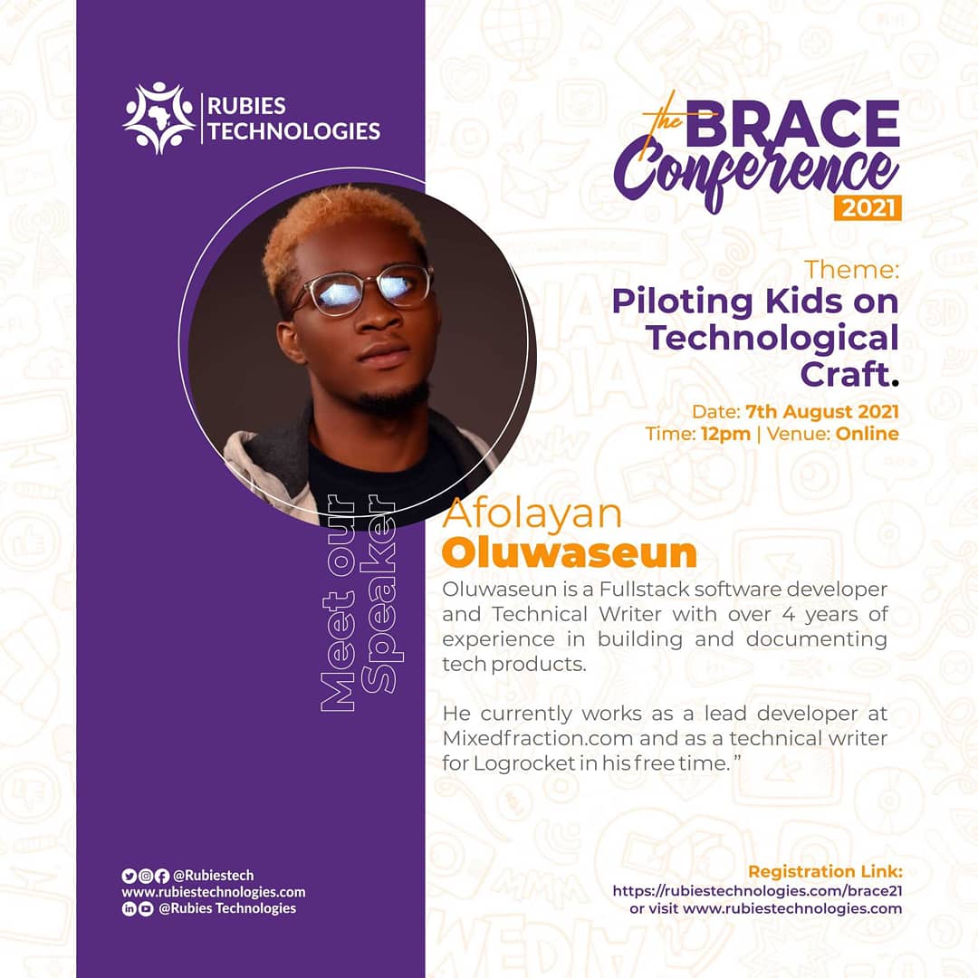 rubiestech's tweet photo. Meet our speaker: Afolayan Oluwaseun @theafolayan
He is Fullstack software developer and Technical Writer with over 4 years of experience in building and documenting tech products.
Registration link https://t.co/gB8DQdQ6TG
#100DaysOfCode #rubiestech #braceconference https://t.co/U3esr01z9z