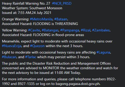 dost_pagasa's tweet photo. Heavy Rainfall Warning No. 27  #NCR_PRSD
Weather System: Southwest Monsoon 
Issued at: 7:55 AM,24 July 2021 https://t.co/FrWggGubRr