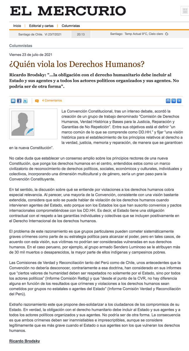 hcorralt's tweet photo. Imagino que ya saldrán críticas y quejas sobre esta columna de Ricardo Brodsky @Mica_Brodsky, que afirma que grupos políticos también pueden violar los DD.HH. Y que conste que Brodsky fue director del Museo de la Memoria (2011-2016): https://t.co/ztnMrutTFP