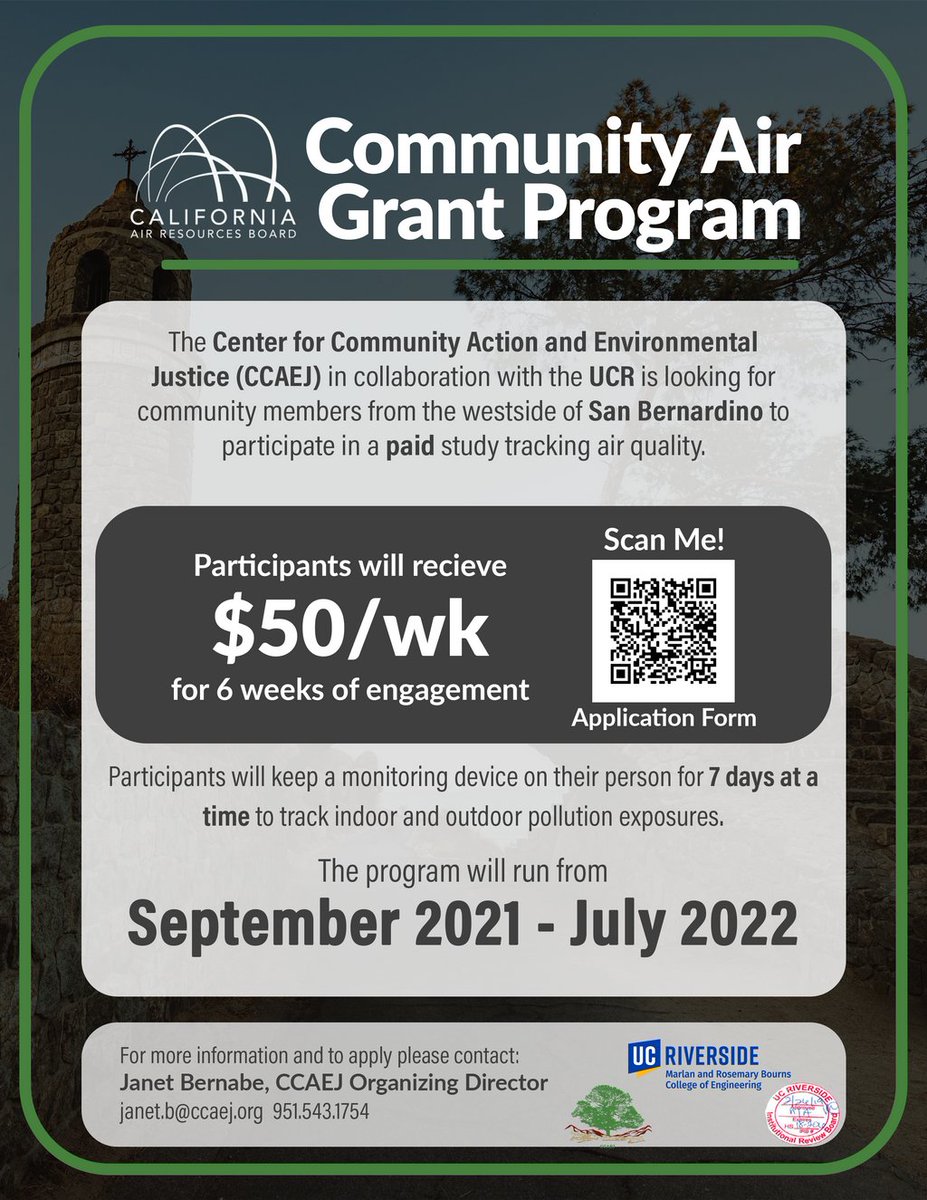CCAEJ's tweet photo. Hey Everyone!

We are collaborating with UC Riverside on air monitoring research and are looking for community participants in this program. For each week of involvement there will be a $50 dollar stipend for 6 weeks and workshops will be included! 
 Contact us for more info! https://t.co/yvphxqSyIc