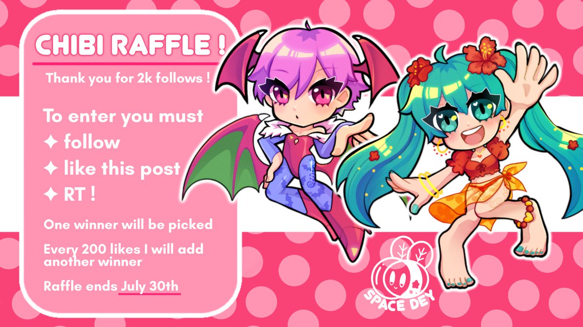 SpaceDey_'s tweet image. ✨ 𝐂𝐇𝐈𝐁𝐈 𝐑𝐀𝐅𝐅𝐋𝐄 ✨
Win a super cute Chibi illustration of your OC, Vtuber, or any character of your choice!

🎟️ Follow / Like / RT to enter!

(ﾉ◕ヮ◕)ﾉ*:･ﾟ✧ Comment below your desired character to spread the excitement!