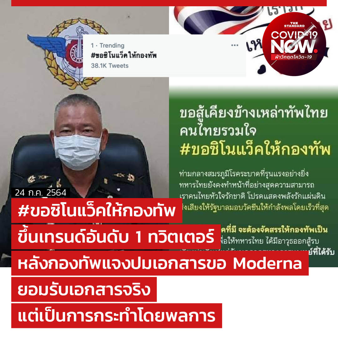 thestandardth's tweet photo. #ขอซิโนแว็คให้กองทัพ ขึ้นเทรนด์ทวิตเตอร์อันดับ 1 หลังเอกสารขอ Moderna ของกองทัพไทยหลุด สอบสวนพบ ผู้อำนวยการกองพิธีการ กรมสารบรรณทหาร ทำเอกสารจริง แต่เป็นการก��ะทำโดยพลการ 

อ่านต่อที่ https://t.co/jzOuGhVdtf

#TheStandardNews https://t.co/GxOOktWnjD