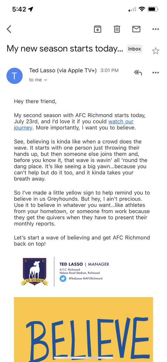 xoph's tweet photo. This email from @TedLasso (via appleTV) I received today is awesome. It’s made to look like a standard email you’d get from a colleague. Awesome advertising. #tvadd #TedLasso #appletv https://t.co/E7UpcTqRS2