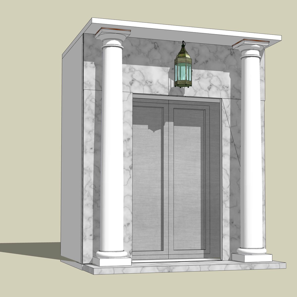 More Shadehaven haunt build work-in-progress, quite literally in this image: design proceeds on the first of two crypts I'm building, though the roof isn't on this one yet. Turned on some shadow effects and a marble texture to spice it up.

#Halloween #haunted #yardhaunt #crypt