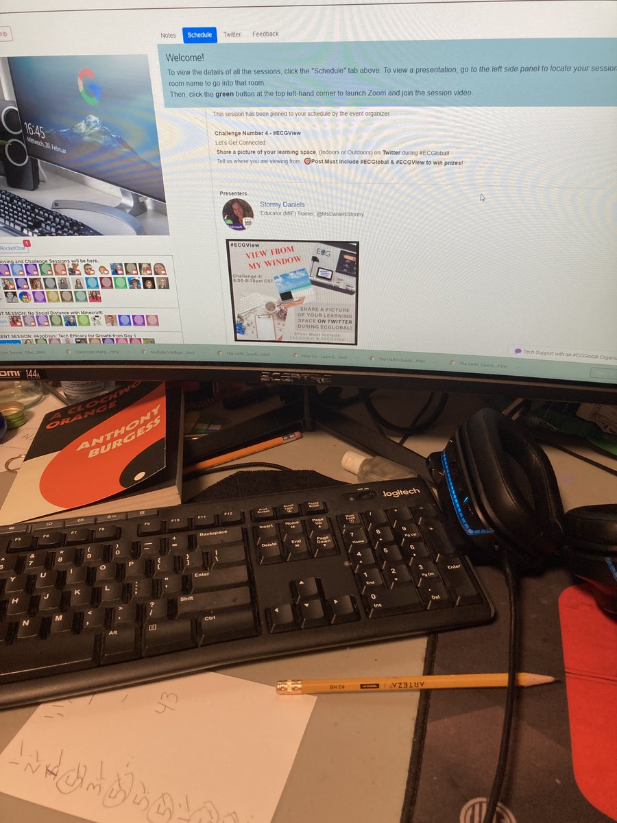 DRSendecki's tweet photo. My learning space during EdChange Global. I have to use my son's computer and headphones! #ECGlobal #ECGView https://t.co/RZhJ6sB5vK