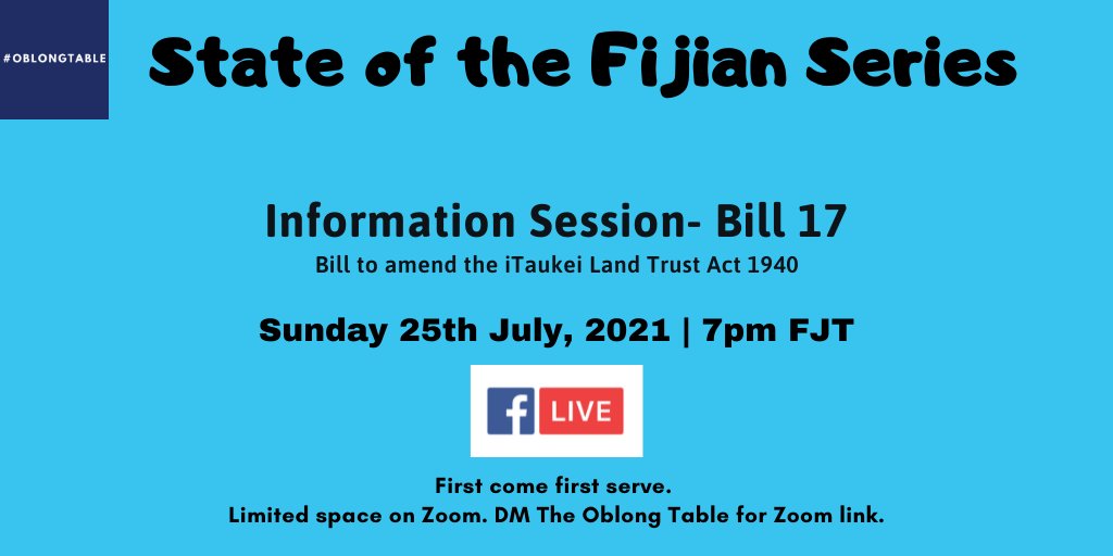 oblongtablefj's tweet photo. Join us tomorrow as we host an information session on Bill 17.
Sunday, 25th July, 2021 from 7pm FJT. https://t.co/nZXdcZmMBP