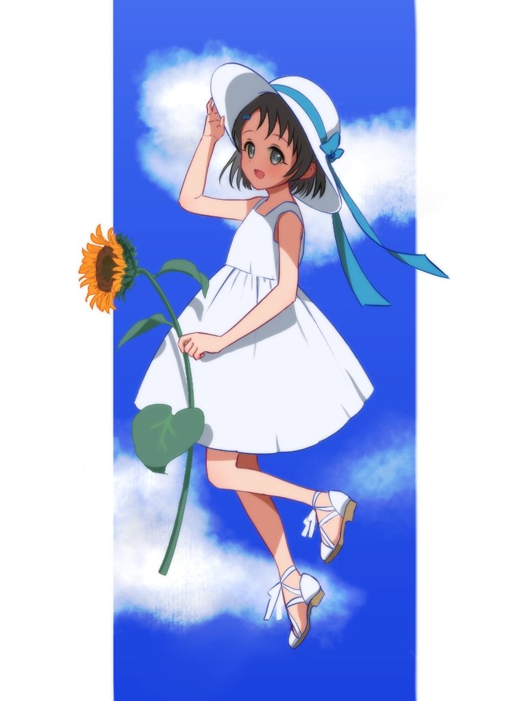 sasaki chie 1girl flower dress solo hat sunflower white dress  illustration images