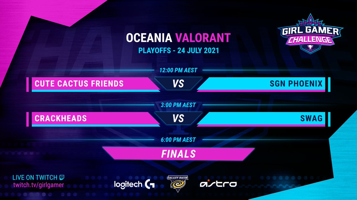 GIRLGAMER Esports Festival (@girlgamer) on Twitter photo GIRLGAMER Oceania is here!
Don't miss out on the great <a href="/PlayVALORANT/">VALORANT</a> action that we have today!
4:00 AM CET - <a href="/CCF_VAL/">Cute Cactus Friends ๐ต</a> vs <a href="/SanguineOCE/">Sanguine Gaming Network</a>
7:00 AM CET - #Crackheads vs #Swag
10:00 AM CET - Grand Final
<a href="/LogitechG/">Logitech G</a> <a href="/ASTROGaming/">ASTRO Gaming</a> <a href="/empressgg/">Empress Gaming</a> <a href="/GalaxyRacerDxb/">Galaxy Racer</a> #ChooseToChallenge GIRLGAMER Oceania is here!
Don't miss out on the great <a href="/PlayVALORANT/">VALORANT</a> action that we have today!
4:00 AM CET - <a href="/CCF_VAL/">Cute Cactus Friends ๐ต</a> vs <a href="/SanguineOCE/">Sanguine Gaming Network</a>
7:00 AM CET - #Crackheads vs #Swag
10:00 AM CET - Grand Final
<a href="/LogitechG/">Logitech G</a> <a href="/ASTROGaming/">ASTRO Gaming</a> <a href="/empressgg/">Empress Gaming</a> <a href="/GalaxyRacerDxb/">Galaxy Racer</a> #ChooseToChallenge