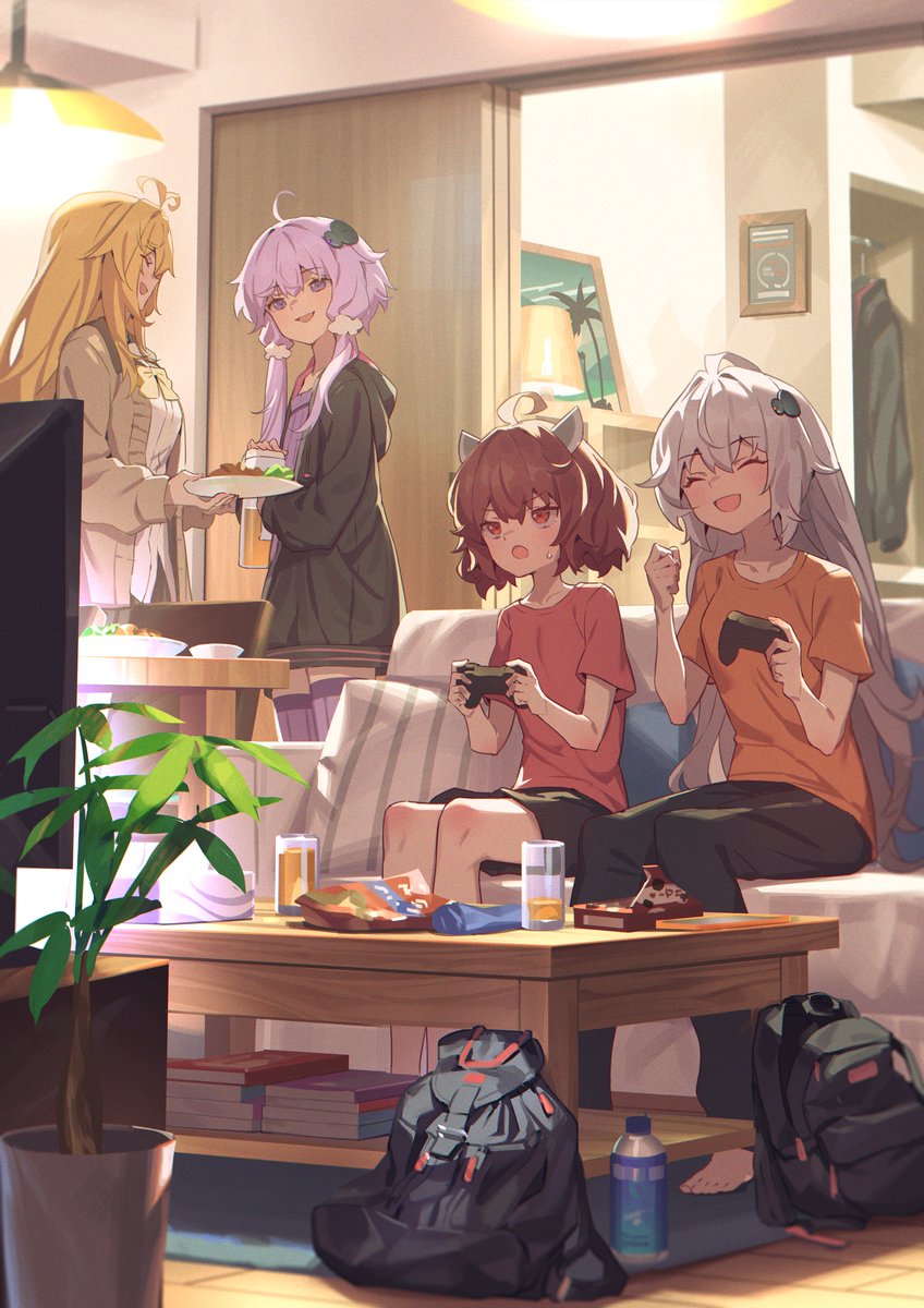 kizuna akari ,touhoku kiritan ,tsurumaki maki ,yuzuki yukari holding multiple girls bag backpack plant indoors shirt  illustration images