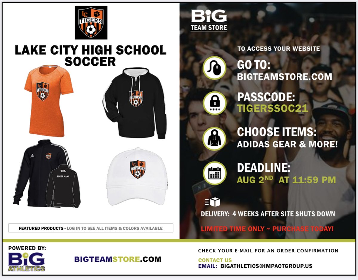 New Lake City Soccer Gear available for order! (Store closes on 8/2)

Pre-season email went out tonight, drop us a DM if you didn’t get it.

#lctigerpride #lc1team1family
