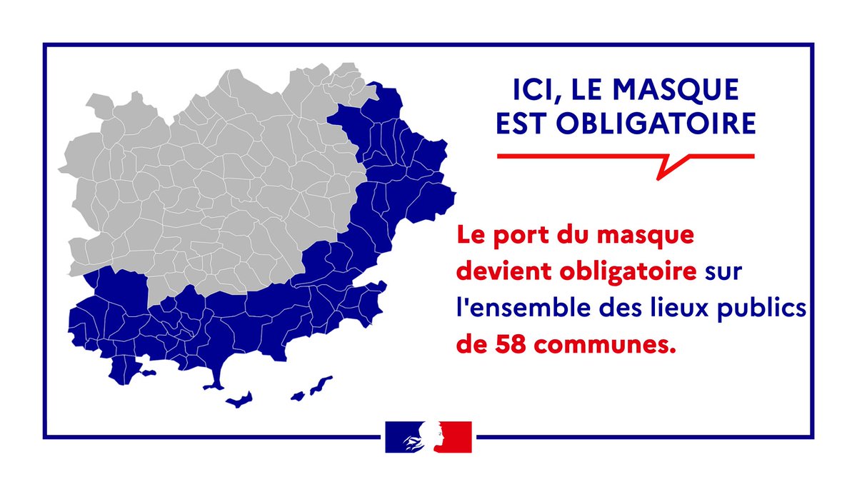 #Covid19 | ⚠  Jusqu'au 2 août, le port du masque est obligatoire dans 58 communes du #Var
✅Cette obligation concerne toutes les voies et lieux publics de ces communes à l'exception des espaces naturels comme les plages et les forêts. 
➕ d'infos  👉swll.to/PcqwJ