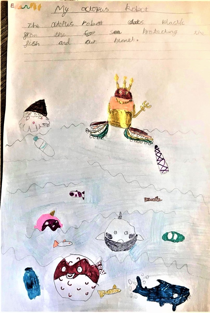 layanglicana's tweet photo. #Greeneralia July issue https://t.co/ghaal7C7Gt
Brainwaves are examples of lateral thought.
Eden, aged 7, thinking about plastic ocean pollution, extrapolated from the robot vacuum cleaner:
'The Octopus Robot collects plastic from the sea, protecting the fish &amp; our planet.' https://t.co/Gi1gXYtnlu