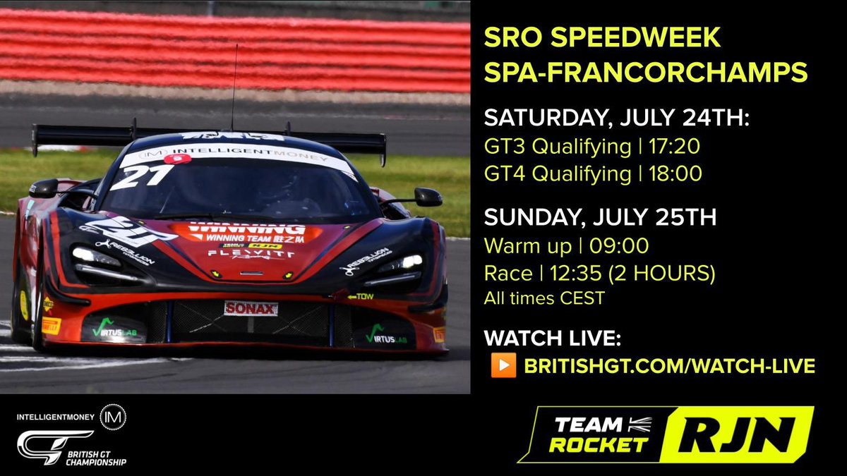 Rocket Motorsport (@rocket_msport) on Twitter photo Good morning from <a href="/circuitspa/">Spa-Francorchamps</a> 😎 We’re ready and raring to go, #BritishGT actions starts with two free practice sessions ahead of qualifying.
All the details you need to catch the live coverage ⬇️
#teamrocketrjn #mclaren #customerracing #ddp #driverdevelopment Good morning from <a href="/circuitspa/">Spa-Francorchamps</a> 😎 We’re ready and raring to go, #BritishGT actions starts with two free practice sessions ahead of qualifying.
All the details you need to catch the live coverage ⬇️
#teamrocketrjn #mclaren #customerracing #ddp #driverdevelopment