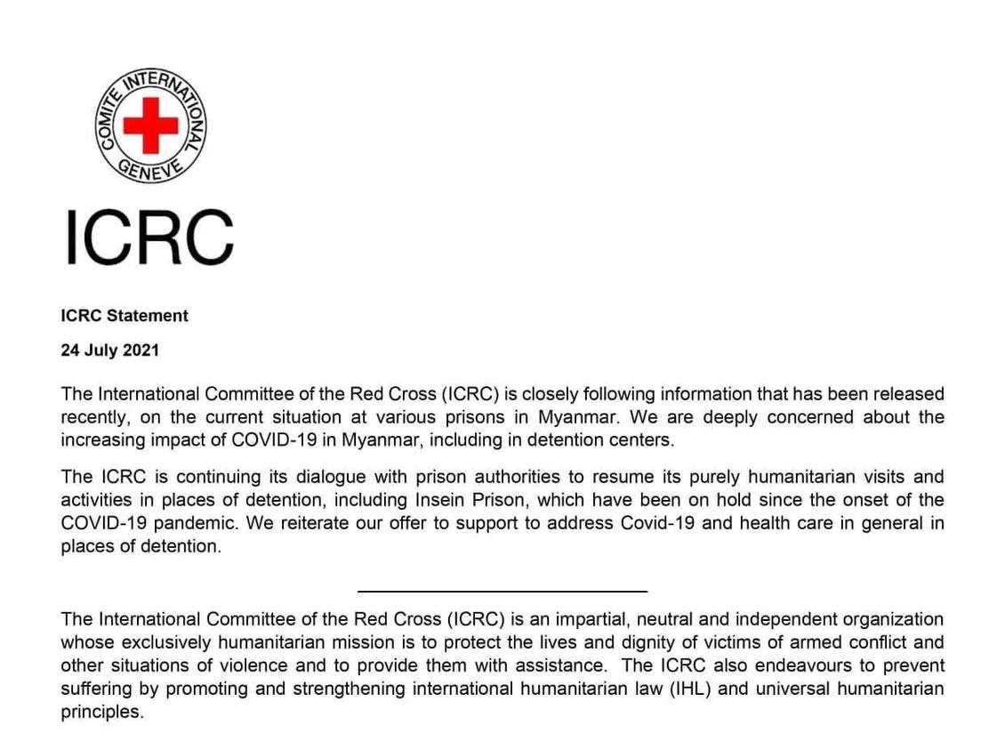 The <a href="/ICRC_AsiaPac/">ICRC Asia-Pacific</a> says it's "deeply concerned" about rising #Covid19 infections in #Myanmar &amp; in detention centers. Hopes to resume visits to such centers including #Insein Prison where covid is said to be spreading fast/wide. 
#WhatsHappeningInMyanmar