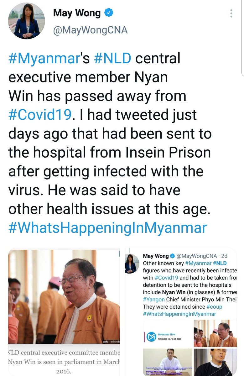 MayWongST's tweet photo. Just days ago, #Myanmar #NLD's senior party leader Nyan Win died after getting infected with #Covid19 while he was detained in #Yangon #Insein Prison. He had been detained since Feb 1 #militarycoup. Many fear covid infections in cells at dangerous level #WhatsHappeningInMyanmar https://t.co/KtVD3LrtsW