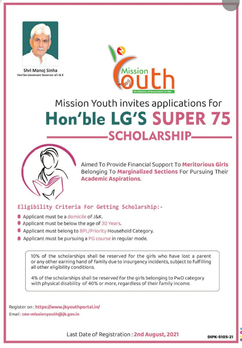 DiprKathua's tweet photo. Applications invited under hon'ble LG's
Super-75 scholarship scheme , a golden opportunity for meritorious girls of jk belonging to poor families @MissionYouth_JK  @OfficeOfLGJandK @diprjk @infjammu @ddnews_jammu @PIBSrinagar #super75 https://t.co/FmFHbP0mjL