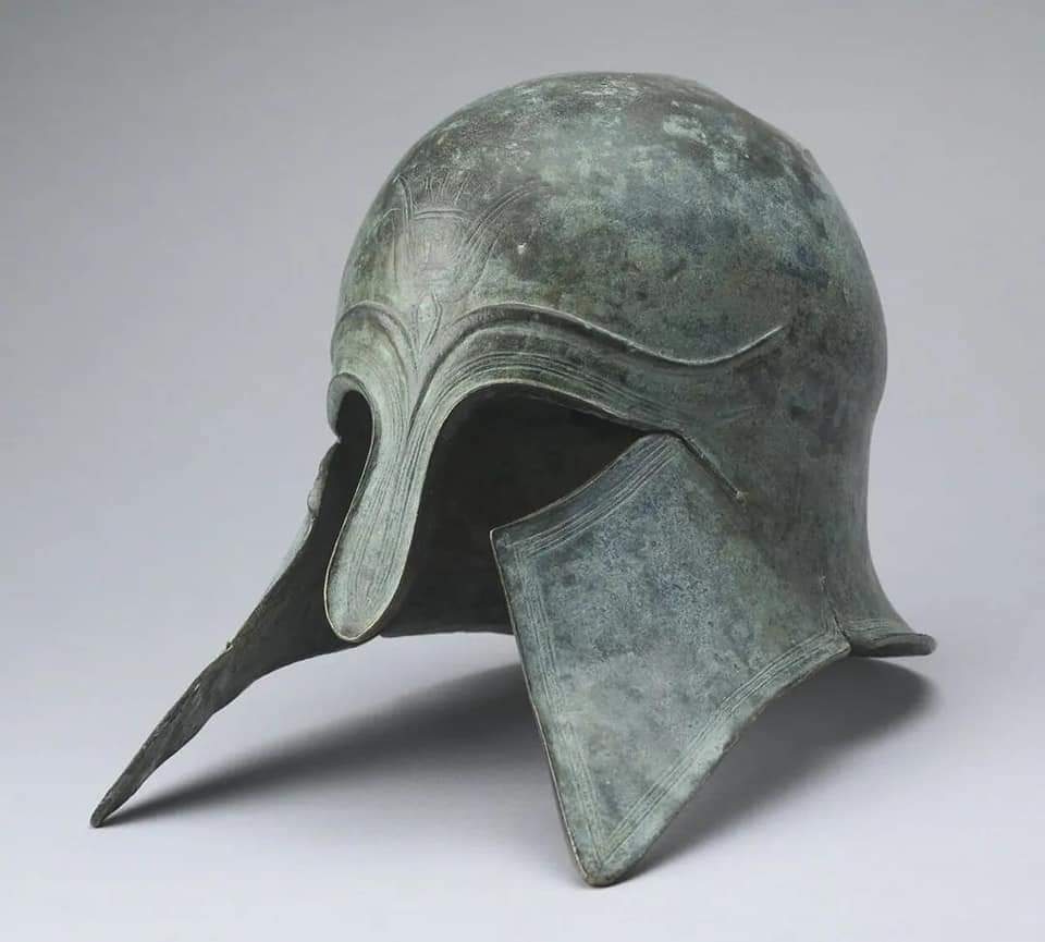 AncientSpartans's tweet photo. Corinthian Bronze Helmet

Greek helmet found in Olympia. From the archaic period, 565 – 530 BCE. It was made in Bronze by hammering a single metal sheet and decorated with the incised technique, forming the eyebrows, the line patterns &amp; the lotus flower in the helmet’s forehead https://t.co/fy9KvxKwEi