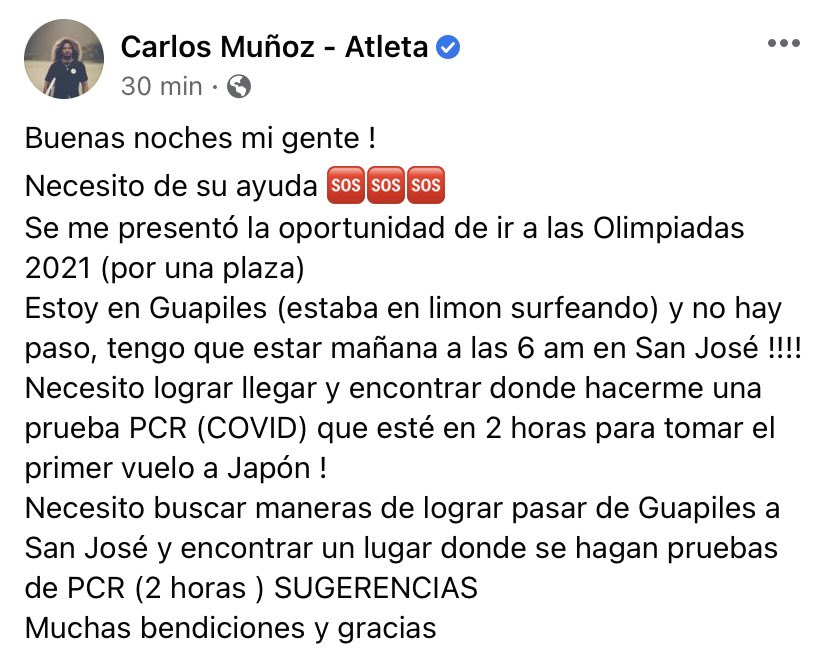 El surfista costarricense Cali Muñoz debe estar a las 11 a. m. en el aeropuerto. Si se resuelve todo sería el atleta tico número 14 en #Tokio2020 🌊🇨🇷