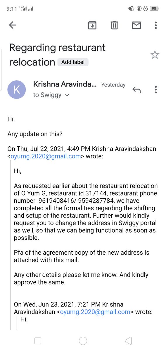 krishnaaravin14's tweet photo. I have asked for restaurant relocation at @swiggy_in but still no reply from the back end team. Please show the courtesy of replying towards a email, you guys are professional. And for how long should i wait regarding the same and whom should i contact! @SwiggyCares @swiggy_in https://t.co/7CcdwnOFbW
