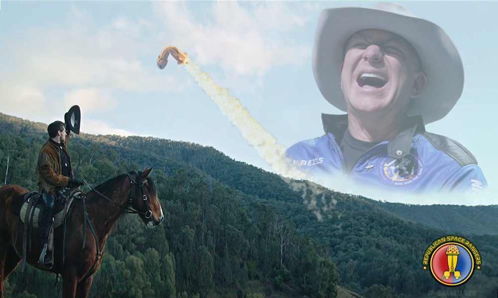 JayProspero's tweet photo. As soon as I saw Bezos in his cowboy hat I just had to 😂

#BlueOrigin #JeffBezos #GTAOnline #GTA #GrandTheftAutoV #RedDeadRedemption #RedDeadOnline #RDR #Space #screamingcowboy https://t.co/r0XjGcd64t