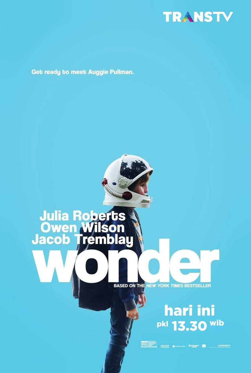 Siang ini pkl 13.30 WIB akan ada film WONDER yang tayang perdana di layar kaca! Dibintangi Julia Roberts, Owen Wilson, Jacob Tremblay, Noah Jupe. Bercerita tntg seorang anak 10 thn yg memiliki kelainan wajah langka yg dikenal sebagai 'Mandibulofacial Dysostosis'. #BioskopTRANSTV