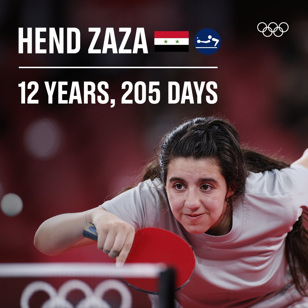 Olympics's tweet photo. 12 years old and at the Olympics. 🏓✨

Syrian #tabletennis player Hend Zaza is the youngest athlete competing at #Tokyo2020. She suffered defeat in her opening match but showed great sporting spirit by congratulating opponent Jia Liu on her win. 🤝

#StrongerTogether @ittfworld