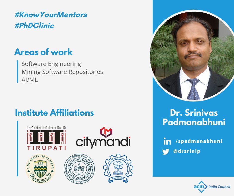 ponguru's tweet photo. Thrilled to have Dr. @drsrinip join the #phdlinic Mentors!
Areas of work: #Softwareengineering #MachineLearning #AI #mining #software #repositories
Register to interact https://t.co/HHJRjETRbz
#PhDClinic #KnowYourMentors #ACMIndia #AcademicTwitter \c @Indiaacm https://t.co/AL7EDlzLbO