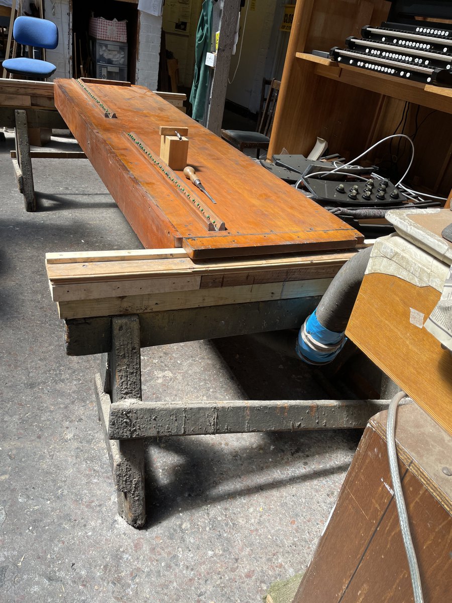 The Swell Underaction from the Willis Organ in St. Aidan's, Sudden, Rochdale has been re-leathered, re-assembled and tested on the wind in the factory. Yesterday it was re-instated back in the organ.