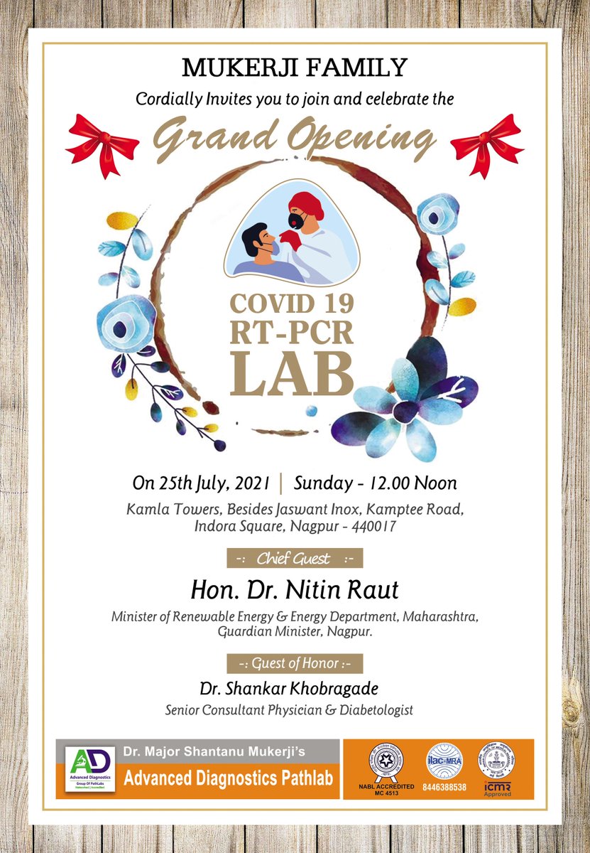 AdvancedPathlab's tweet image. It gives us great pleasure to announce that Dr. Major Shantanu Mukerji&apos;s Advanced Diagnostic Pathlab will be inaugurated by the Cabinet Minister @NitinRaut_INC Ji on Sunday, 25th July. You all are cordially invited to the grand opening ceremony of our COVID-19 RT-PCR Lab.