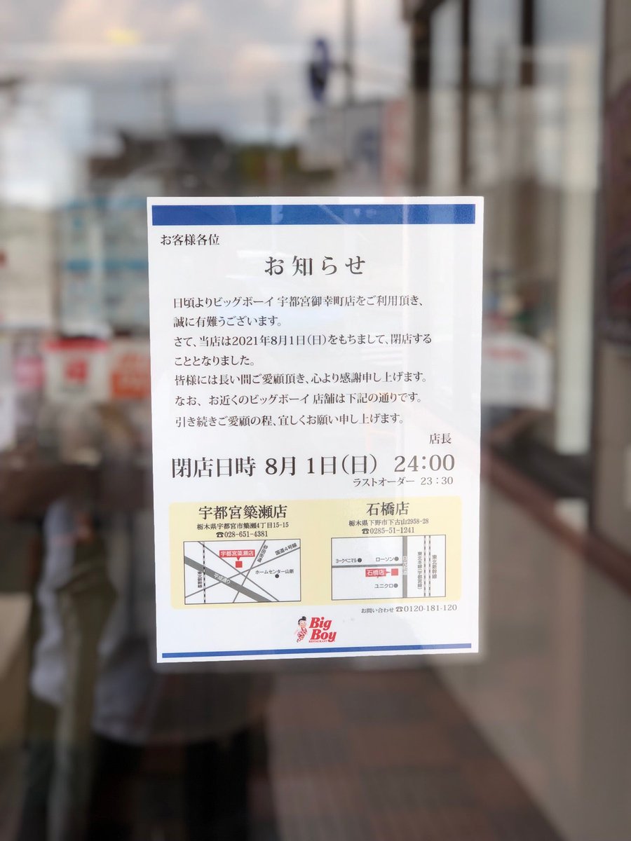 閉店 ビッグボーイ 宇都宮御幸町店