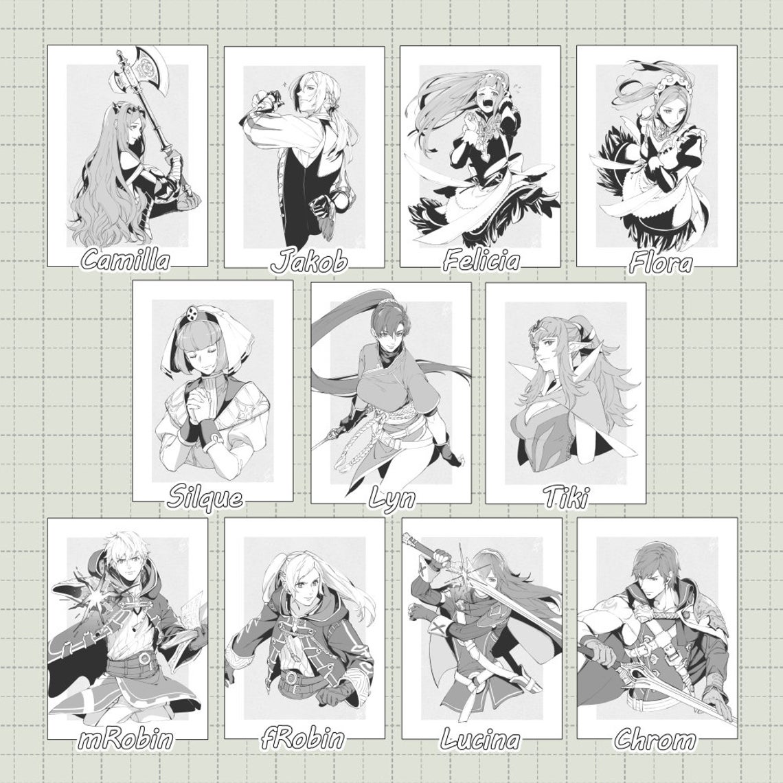 I also have other FE titles, Jujutsu Kaisen, and Xenoblade 2 characters available as monochromatic mini prints~ 