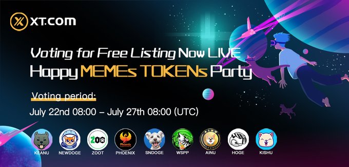 #VotingforFreeListing NOW LIVE 🚀
#HappyMEMEsTOKENsParty 
Voting period: July 22nd 08:00 - July 27th  08:00(UTC）
Voting link: t.me/XTcomNEWS/431
Join our Telegram for all of the details: t.me/NEWDOGEcoin
#AirdropCrypto #BSCGems #100xCoin #Airdropinspector #Airdrops