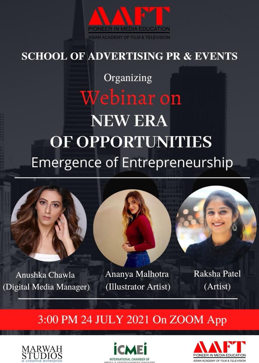 EventsatAAFT's tweet photo. Emergence Of Entrepreneurship" webinar. This webinar is the initiative of AAFT students that aims to provide platform for young entrepreneurs to share their experiences and achievements, and to give inspiration to students. #students #emergence #enterpreneurship  #aaft #covid19 https://t.co/bNsmxnlJyT