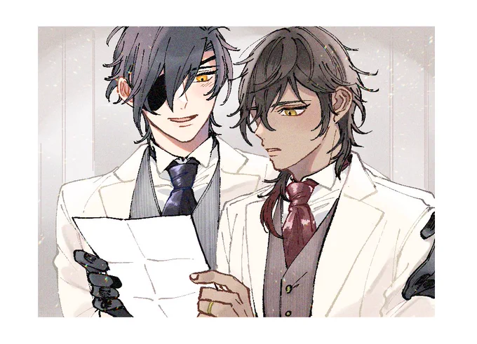 遅ればせながら、先月みつくりブライダルフォトブック企画で描かせて頂いた二枚です〜!お手紙を読むみつくりとそれを客席で聞いてる源氏兄弟のイメージでした💍💐💒 