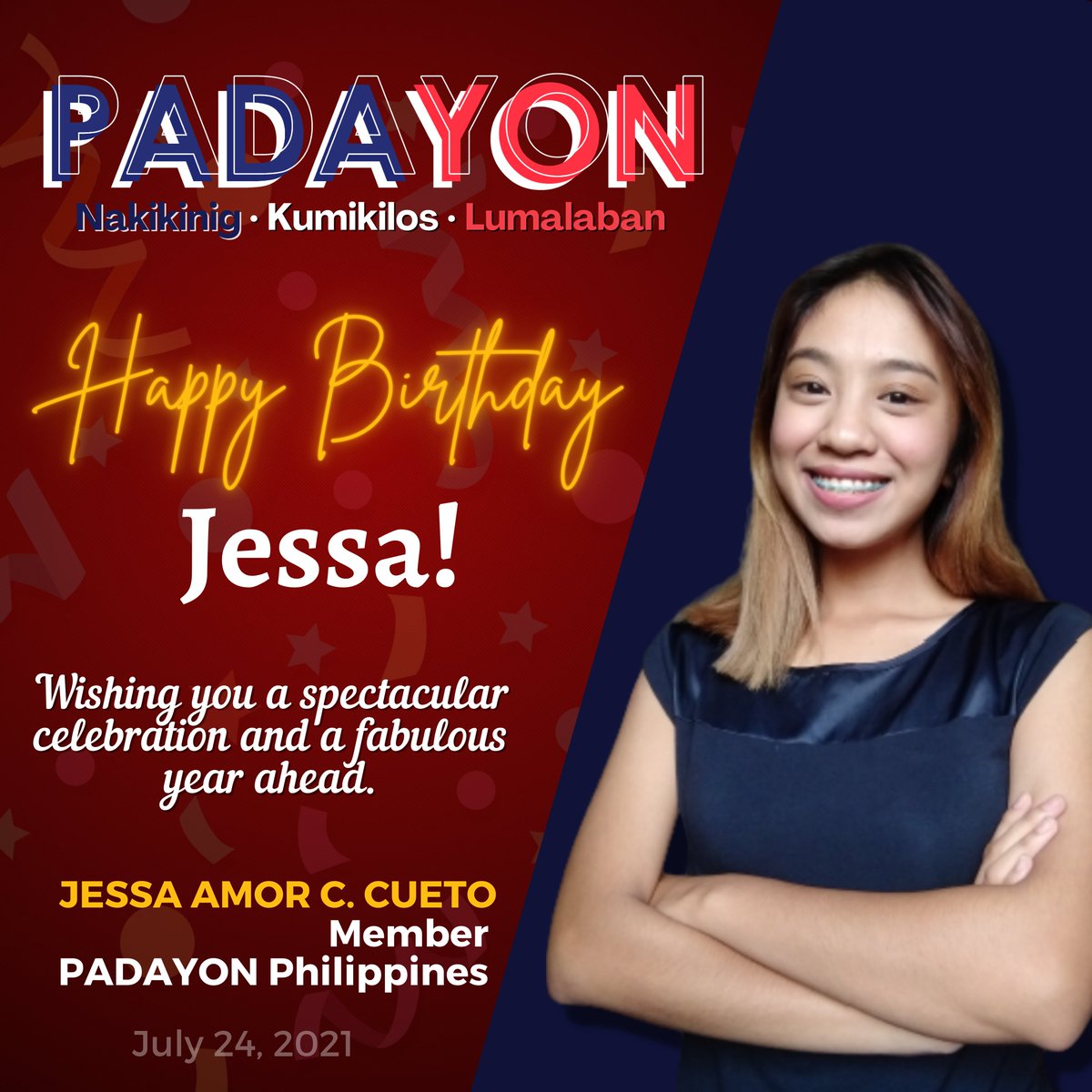 Padayon_PH's tweet photo. 𝐇𝐚𝐩𝐩𝐲 𝐁𝐢𝐫𝐭𝐡𝐝𝐚𝐲, 𝐉𝐞𝐬𝐬𝐚! ✨

We, your PADAYON Philippines family, are wishing you to reach all your dreams for yourself, family, and country! Wishing you a blissful and blessed life. ❤

Padayon lang, Jessa! 🇵🇭

#PADAYONPhilippines https://t.co/C65zd3fSC0