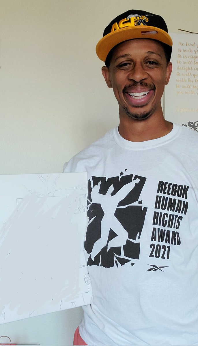 KEV707's tweet photo. What a blessing!! I have been selected to represent my university and the Visual Arts Department at the Rebook Human Rights Award 2021. I will be preforming a live painting for this event. August 12, 2021. Click on link for more info
https://t.co/Q92yMzCRLW https://t.co/TPC6uc7MyN