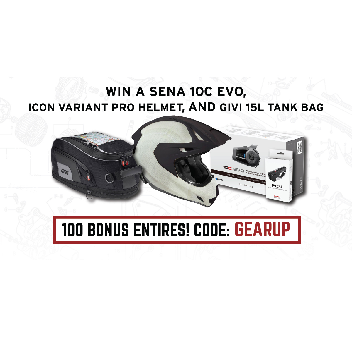 partzilla's tweet image. WINNER TAKES ALL! Win an Icon helmet, a GIVI tank bag and a Sena 10C EVO 4K Camera + Bluetooth. $995 value! partzil.la/Givi-TankLock

 🔥🔥 100 Bonus Entires with Code: GEARUP 🔥🔥

#Partzilla #Givi #Givitankbag #iconmotorsports #Sena #iconmoto