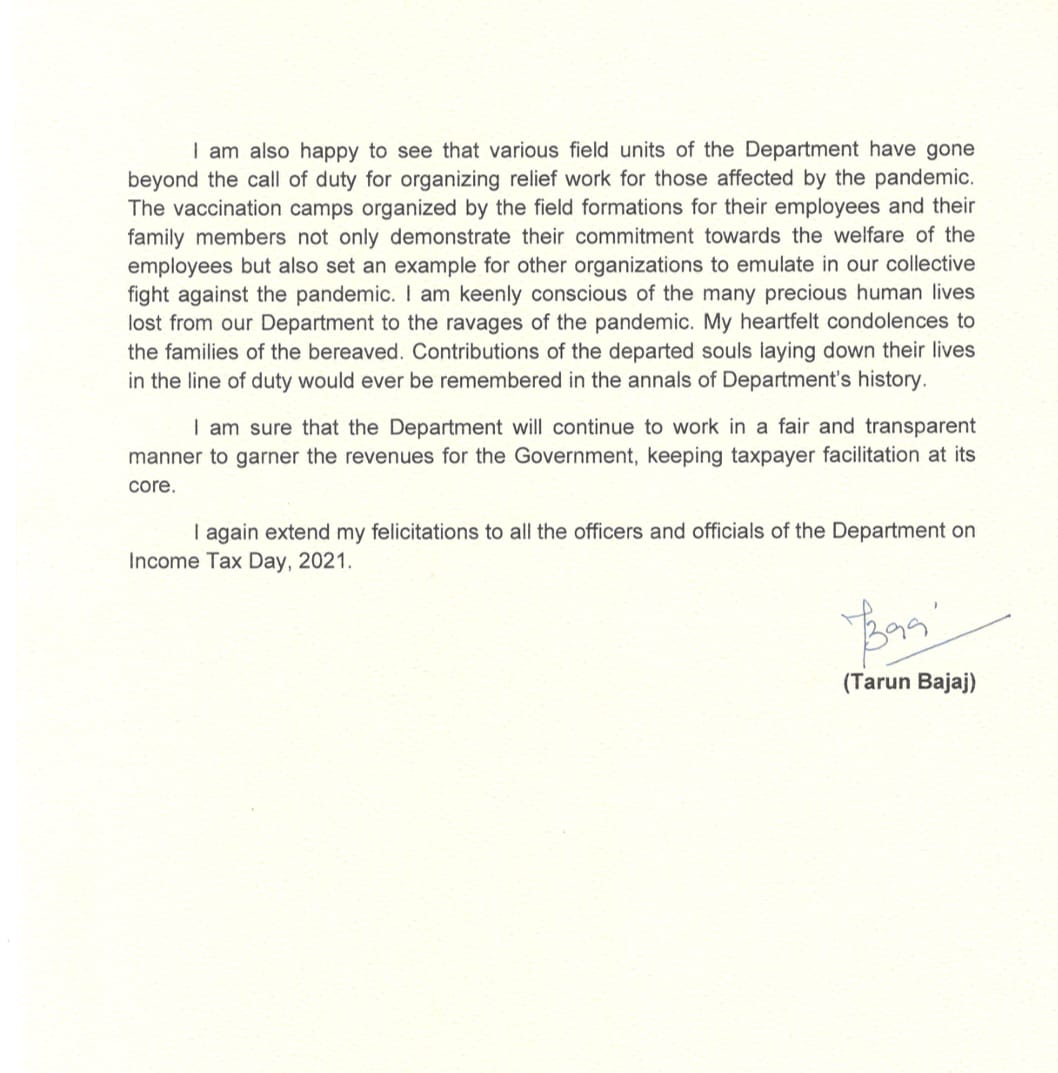 IncomeTaxIndia's tweet photo. Message of the Secretary, Revenue Shri Tarun Bajaj on the occasion of #IncomeTaxDay, 2021.
#161YearsofITD https://t.co/QLrdmPIrD9