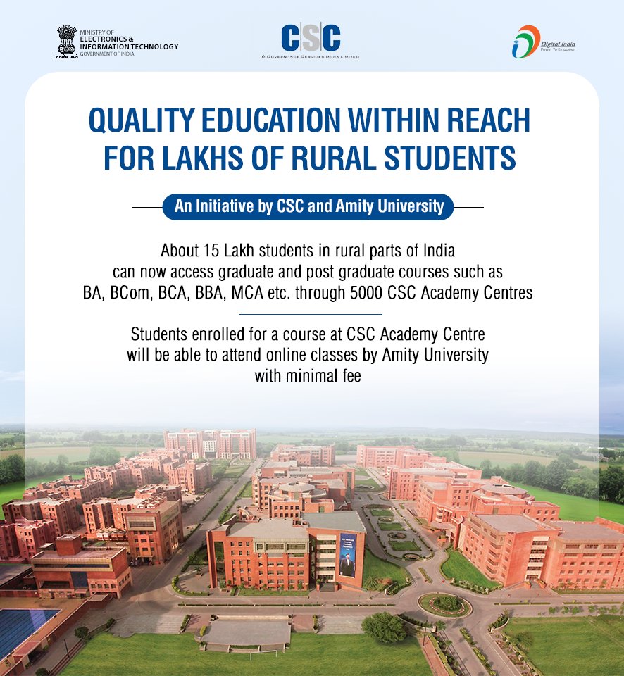 A big boost to lakhs of students residing in rural parts of India as @CSCegov_ has entered a partnership with #AmityUniversity to offer higher education courses online. 1/2