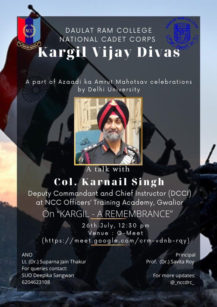 _nccdrc_'s tweet photo. #DRCNCC presents kARGIL VIJAY DIWAS - A part of Azaadi ka Amrut Mahotsav celebrations by Delhi University.
#NCC #KargilVijayDiwas #KargilVijayDiwas2021 https://t.co/GRz59vg5k3