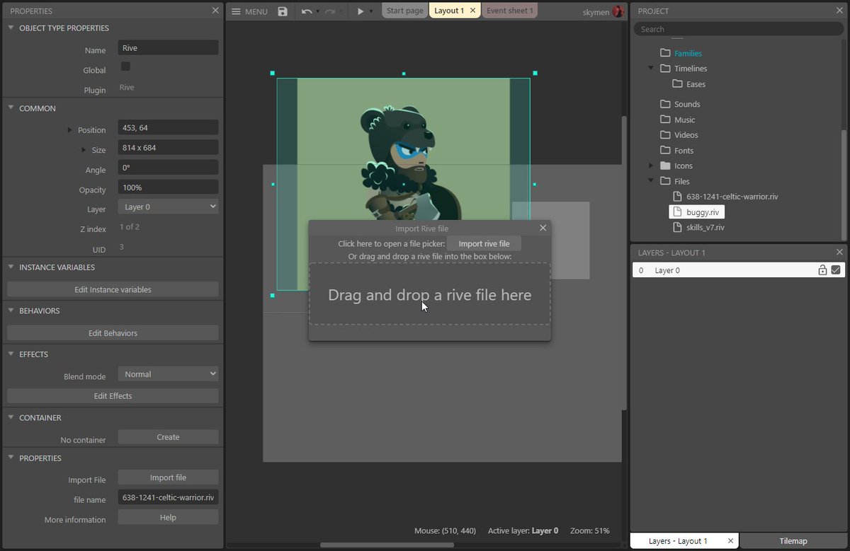 skymen75's tweet photo. Finally started working on adding @rive_app support for @ConstructTeam 
This is still pretty WIP, I'll post updates when I have a demo that works properly https://t.co/J4N0CSDCxM