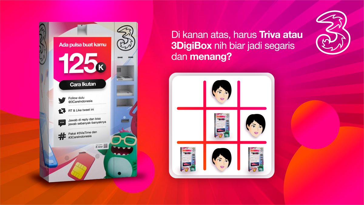 3CareIndonesia's tweet photo. Kalo hari  Sabtu, berarti waktunya #3ViaTime!
Ada total pulsa 125K cuma buat kamu. Jawab dulu pertanyaan di gambar.

Sebelum jawab, harus RT &amp; Like twit ini lalu jawab pakai #3ViaTime &amp; #3CareForYou

Yuk, cuss kasih tau temen yang laen gaes. Biar meriah! Hihih https://t.co/w9WXJWDnFa