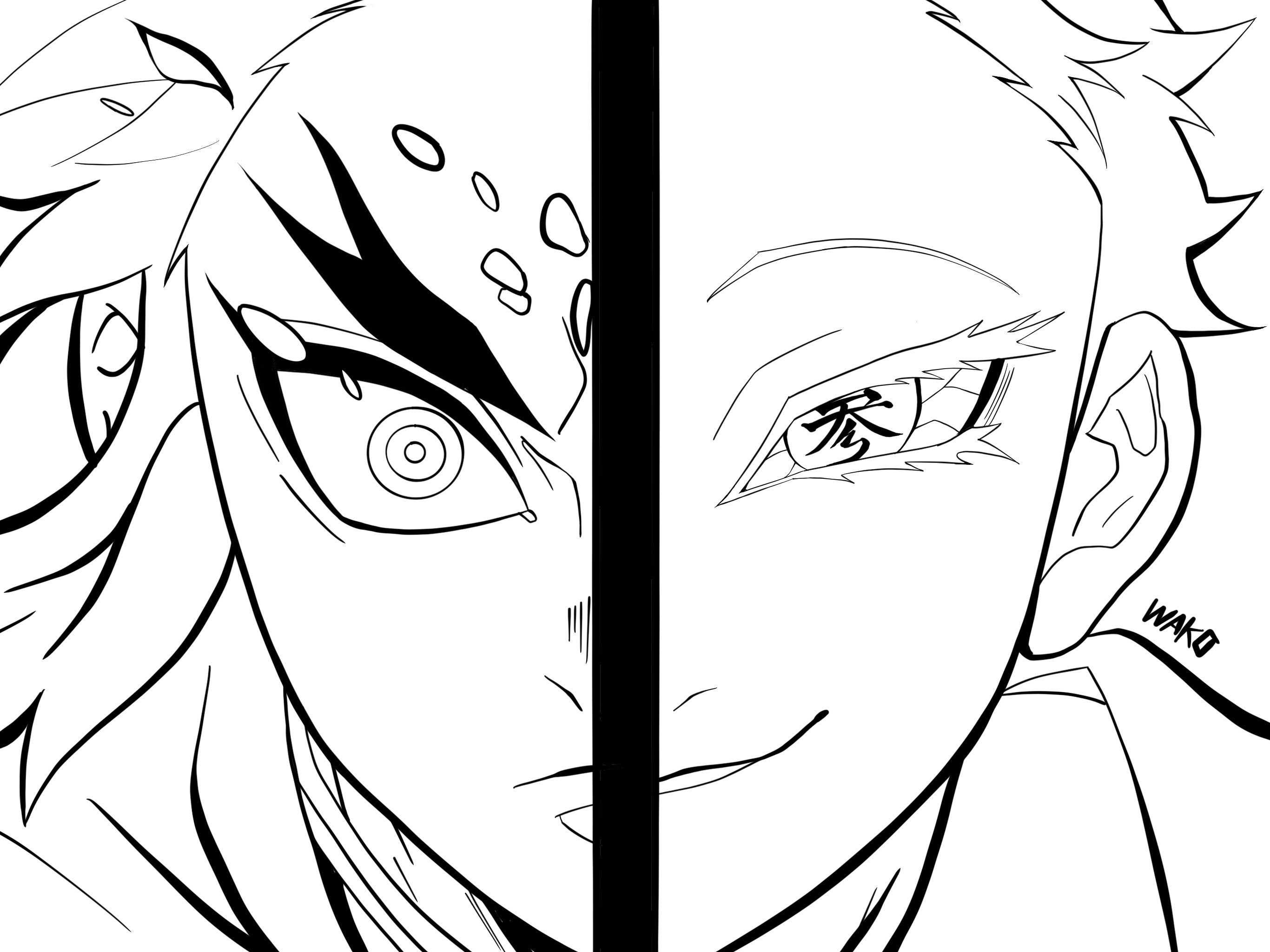 Wako Uuumn加入 時々ヨメマル 煉獄杏寿郎と猗窩座の戦いを描いたものを線画でアップします 塗り絵 として もしよかったら使ってくださいませ その他の塗り絵もこちらでダウンロードできます T Co Tysk2q9xgv うちで過ごそう 猗窩座
